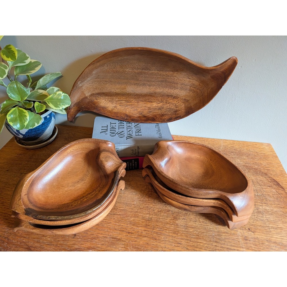 Vintage Monkey Pod Wood Leaf Salad Bowl Set 7 Piece Mid Century Modern Serving